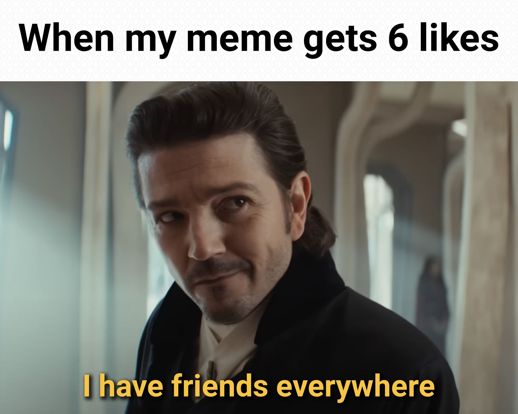 This meme is an image of a character from the movie "The Mandalorian" with a surprised expression. The text overlay on the image reads: "When you get 2 likes on your Instagram post and you thought you were going viral".